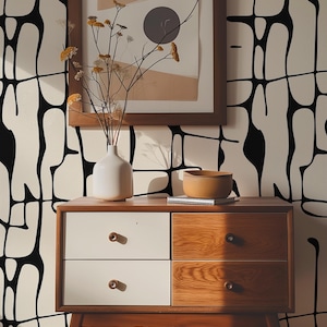Black and White Peel and Stick Wallpaper, Abstract Line Wall Mural, Modern Monochrome Wall Art, Removable Renters Wallpaper