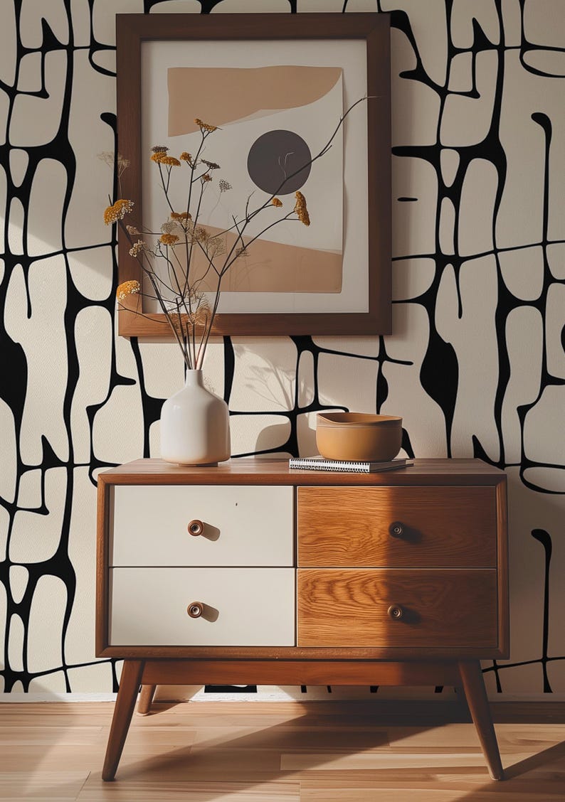 Black and White Peel and Stick Wallpaper, Abstract Line Wall Mural, Modern Monochrome Wall Art, Removable Renters Wallpaper