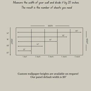 May include: An instructional diagram titled MEASURE THE WALL by JUMANJII. It features a chart showing wall width divided by 20 inches to determine the number of sheets needed, with a grid illustrating widths from 20 to 100 inches and heights from 48 to 120 inches.
