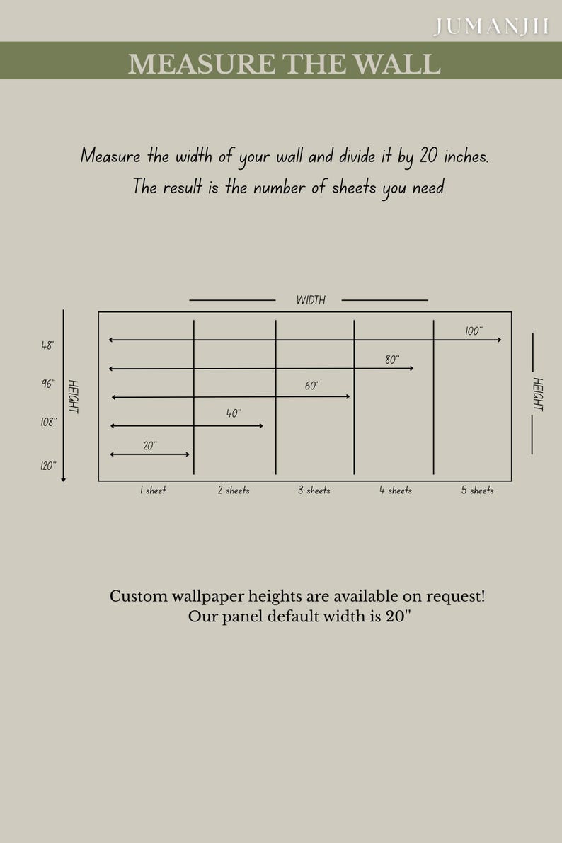 May include: An instructional diagram titled MEASURE THE WALL by JUMANJII. It features a chart showing wall width divided by 20 inches to determine the number of sheets needed, with a grid illustrating widths from 20 to 100 inches and heights from 48 to 120 inches.