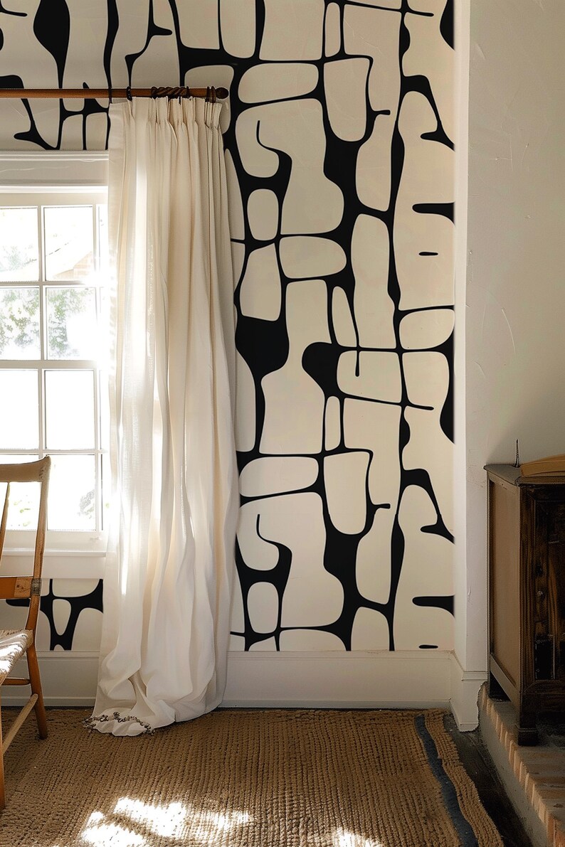 Black and White Peel and Stick Wallpaper, Abstract Line Wall Mural, Modern Monochrome Wall Art, Removable Renters Wallpaper