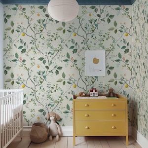 Transform your space with our Wallpaper Floral Removable Chinoiserie design, featuring branches, leaves, fruits, and blooms in pastel colors.