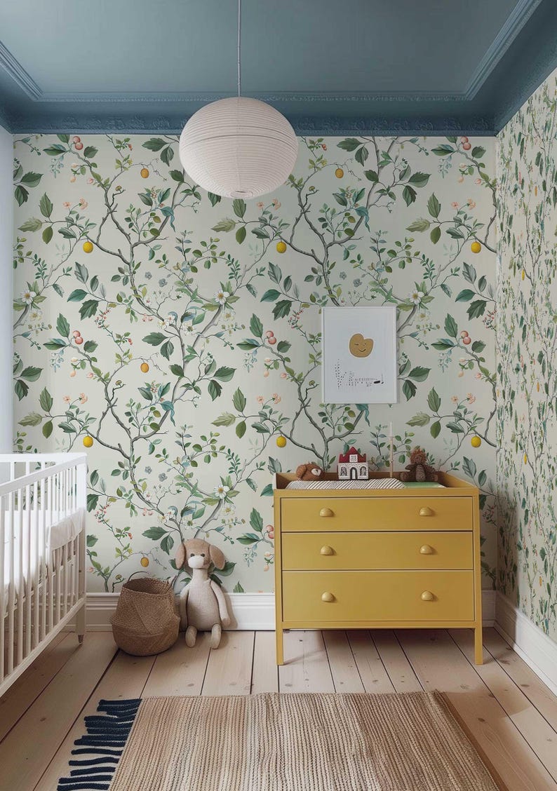 Transform your space with our Wallpaper Floral Removable Chinoiserie design, featuring branches, leaves, fruits, and blooms in pastel colors.