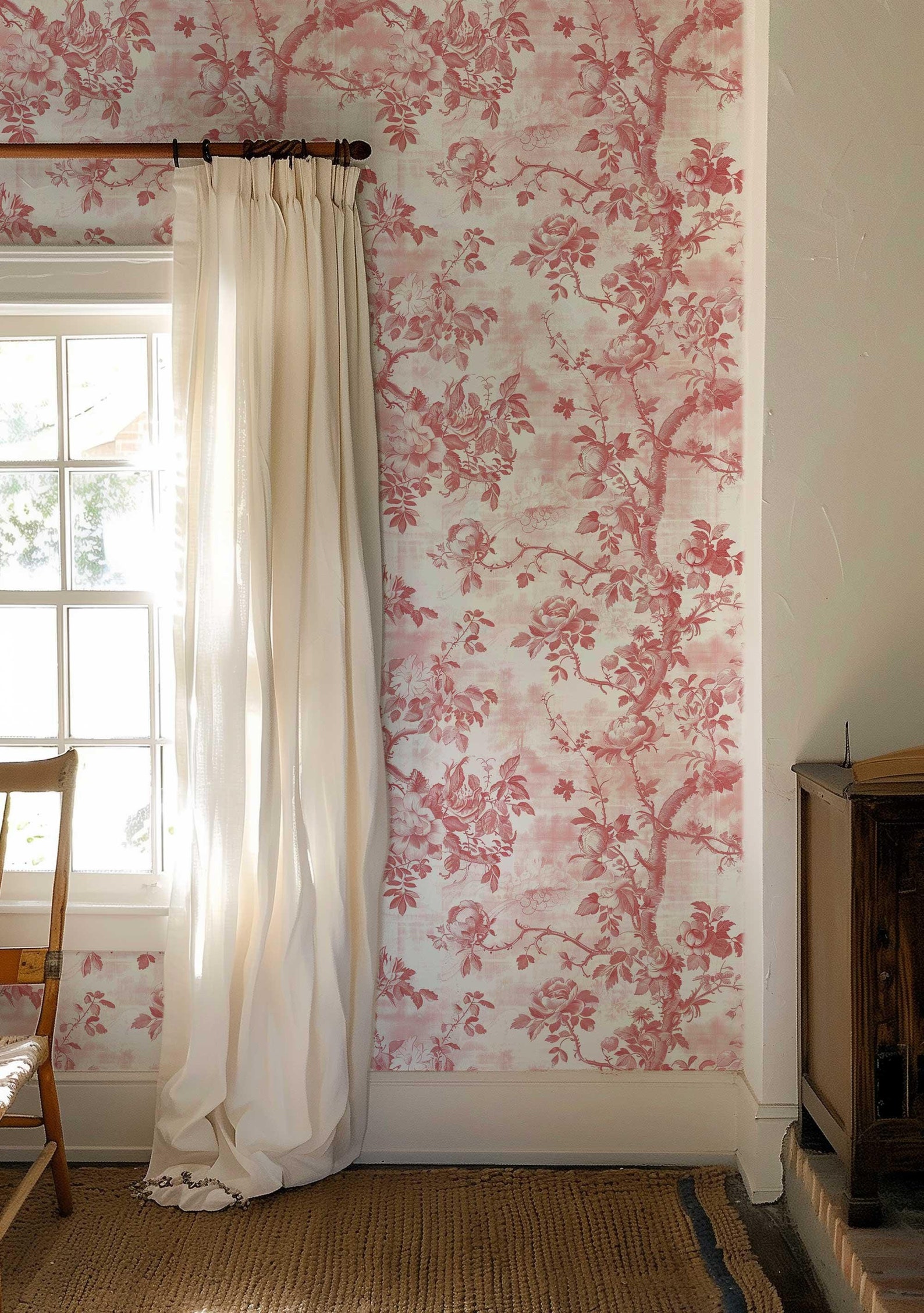 Rococo Peel and Stick Pink Rose Wallpaper, Removable French Toile Wall ...