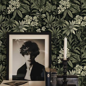 Dark Botanical Peel and Stick Wallpaper, Removable Moody Leaf Wall Mural, Green Gothic Wall Art, Removable Renters Wallpaper