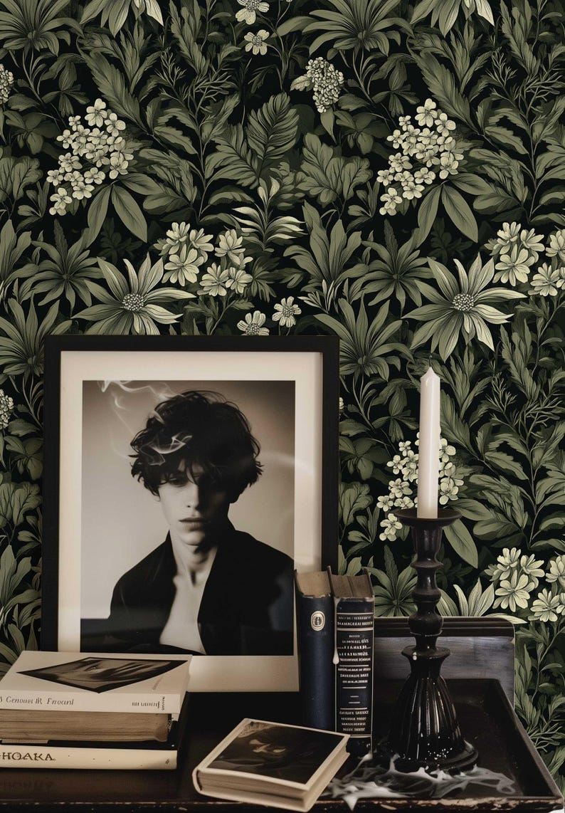 Dark Botanical Peel and Stick Wallpaper, Removable Moody Leaf Wall Mural, Green Gothic Wall Art, Removable Renters Wallpaper