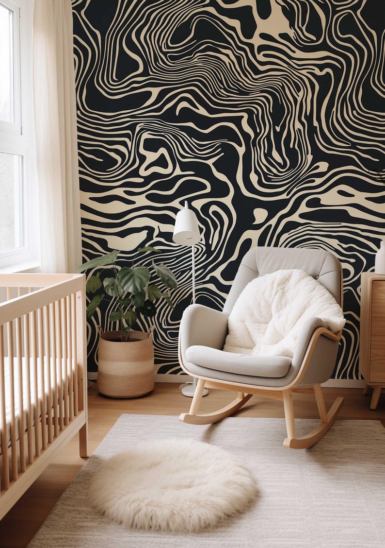 Bold Black and White Peel and Stick Wallpaper, Abstract Line Wall Mural, Modern Monochrome Wall Art, Removable Renters Wallpaper