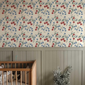 Colorful Wallpaper, Retro Cherry Wall Mural, Temporary Peel and Stick Wallpaper, Botanical Wallpaper, Floral Wallpaper, Fruit Mural