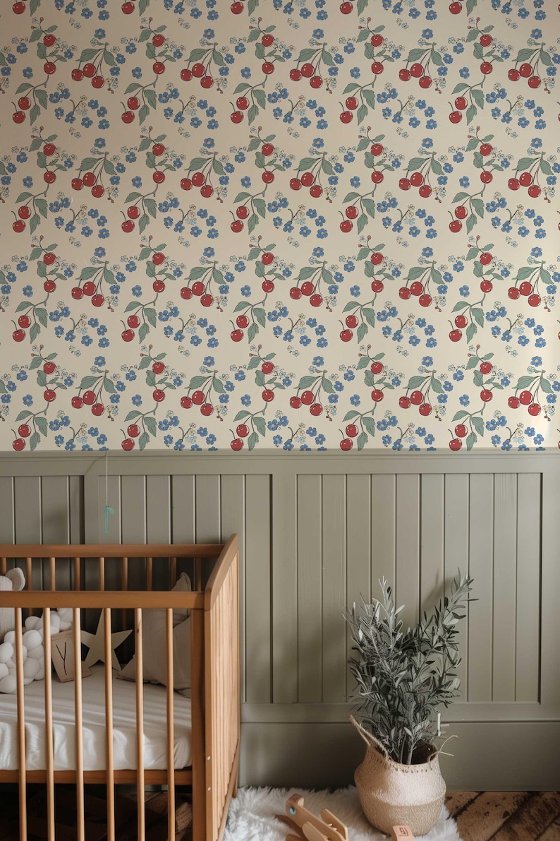 Colorful Wallpaper, Retro Cherry Wall Mural, Temporary Peel and Stick Wallpaper, Botanical Wallpaper, Floral Wallpaper, Fruit Mural