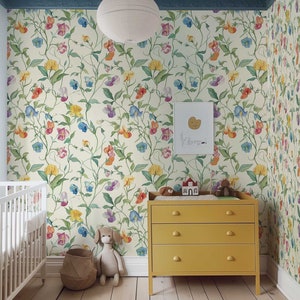 Delicate Sweet Pea Wallpaper in Cottage Core style for kids room