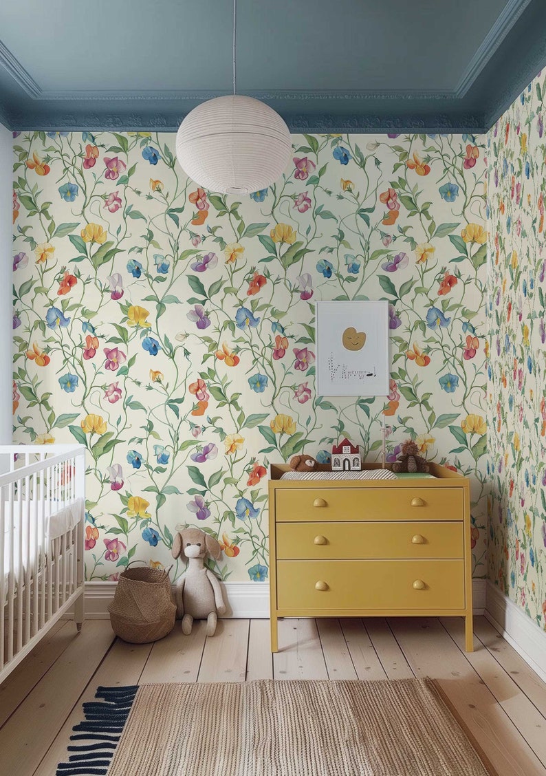 Delicate Sweet Pea Wallpaper in Cottage Core style for kids room