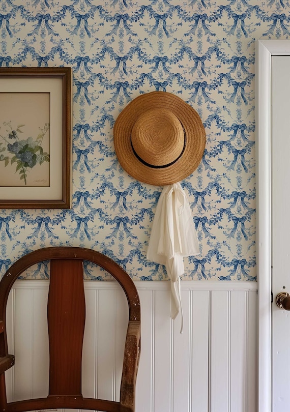 Blue Bow Wallpaper, Removable Renters Friendly Wallpaper, Peel and stick Wallpaper Vintage, Coquette Room Decor - 113