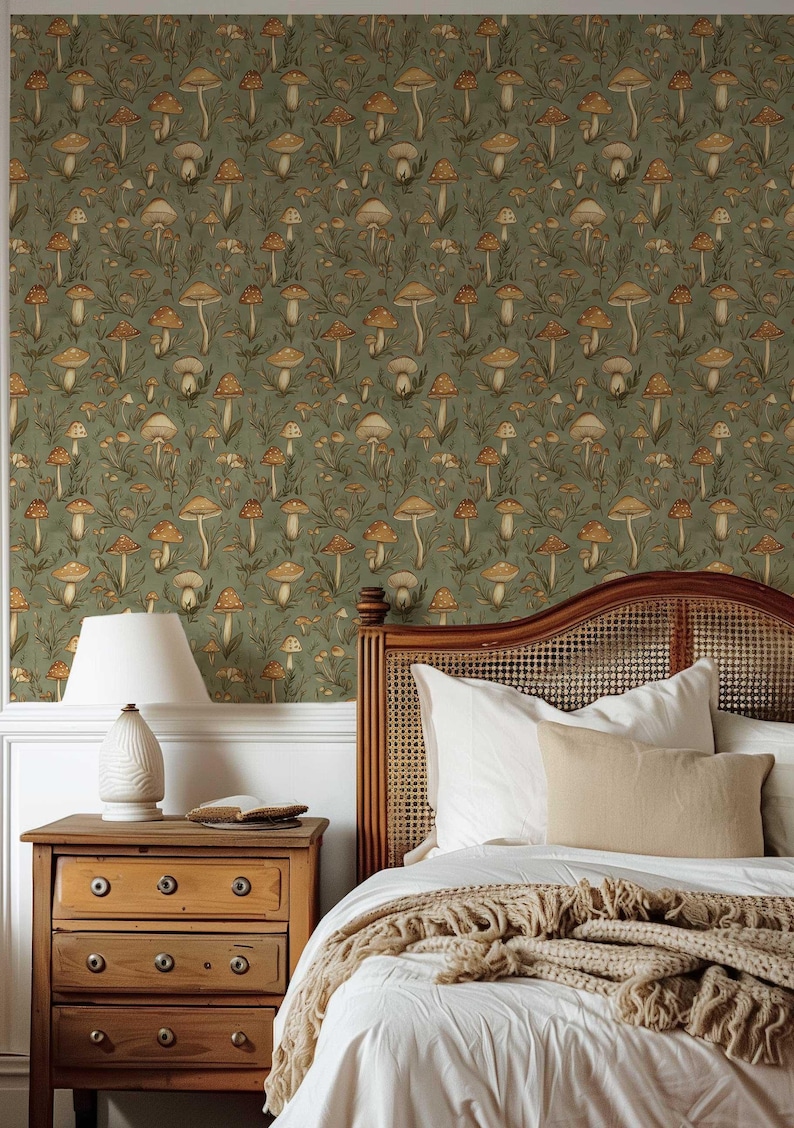 Vintage Mushroom Wallpaper, Retro Forest Mural, Peel and Stick Wallpaper, Botanical Wallpaper, Removable Woodland Wallpaper NF023 image 3