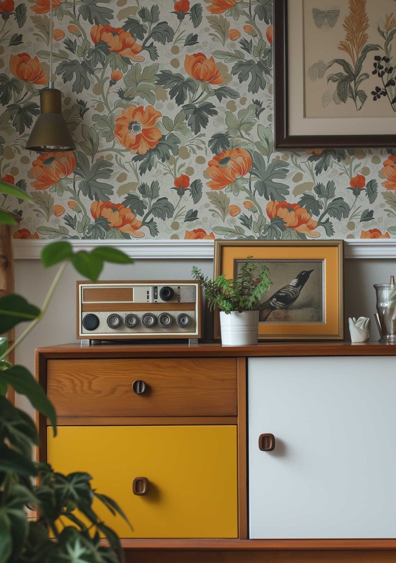 Vintage Flower Peel and Stick Wallpaper, Removable Rental friendly Wall art, Retro Floral Mural, Temporary Boho Wallpaper
