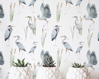 Great Blue Heron Wallpaper, Removable Wallpaper, Self-adhesive Wallpaper, Tropical Wall Décor, Jungle Wallcovering - JW051