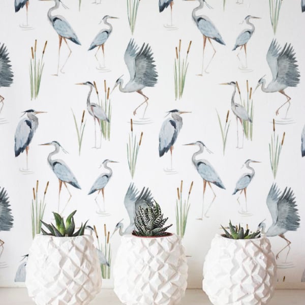 Great Blue Heron Wallpaper, Removable Wallpaper, Self-adhesive Wallpaper, Tropical Wall Décor, Jungle Wallcovering - JW051