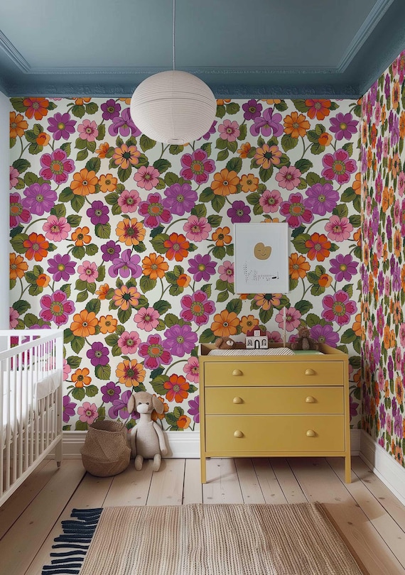 Groovy 70s Flower Wallpaper, Retro Floral Self-adhesive Wall Mural, Colorful Peel and Stick Wall Decor,  Funky Bloom Wall covering | PV127