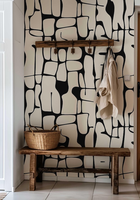 Black and White Peel and Stick Wallpaper, Abstract Line Wall Mural, Modern Monochrome Wall Art, Removable Renters Wallpaper PV425