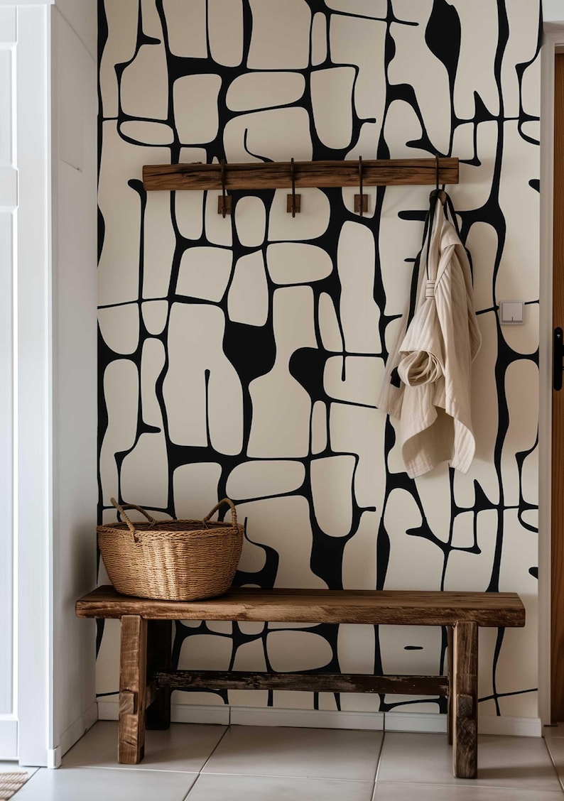 Black and White Peel and Stick Wallpaper, Abstract Line Wall Mural, Modern Monochrome Wall Art, Removable Renters Wallpaper