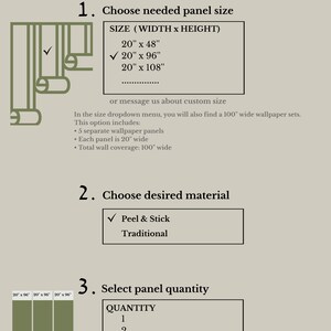 Pode incluir: Um gr&aacute;fico informativo intitulado JUMANJII ORDERING com tr&ecirc;s passos para selecionar papel de parede. Lista tamanhos de painel em polegadas, op&ccedil;&otilde;es de material Peel & Stick ou Traditional e quantidade, incluindo uma visualiza&ccedil;&atilde;o de tr&ecirc;s pain&eacute;is de 20 por 96 polegadas.
