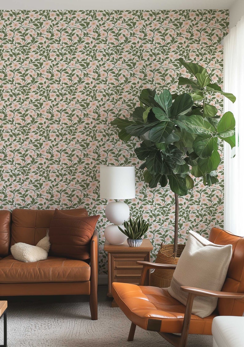 Preppy wallpaper, Peel and Stick Floral wall mural, Vintage Flower wallpaper, Coquette Room Decor , Botanical wallpaper