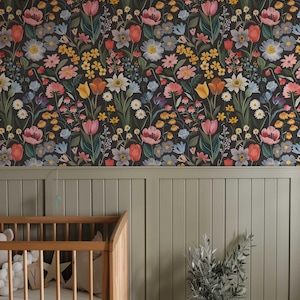 Dark Flower Peel and Stick Wallpaper, Moody Powder room Wall Mural, Modern Black Flower Wall Art, Removable Renters friendly Wallpaper for nursery