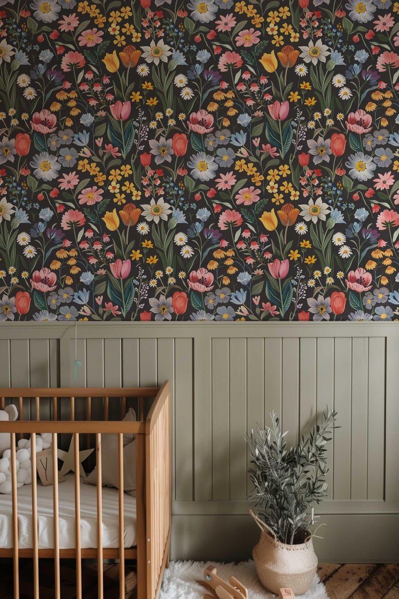 Dark Flower Peel and Stick Wallpaper, Moody Powder room Wall Mural, Modern Black Flower Wall Art, Removable Renters friendly Wallpaper for nursery