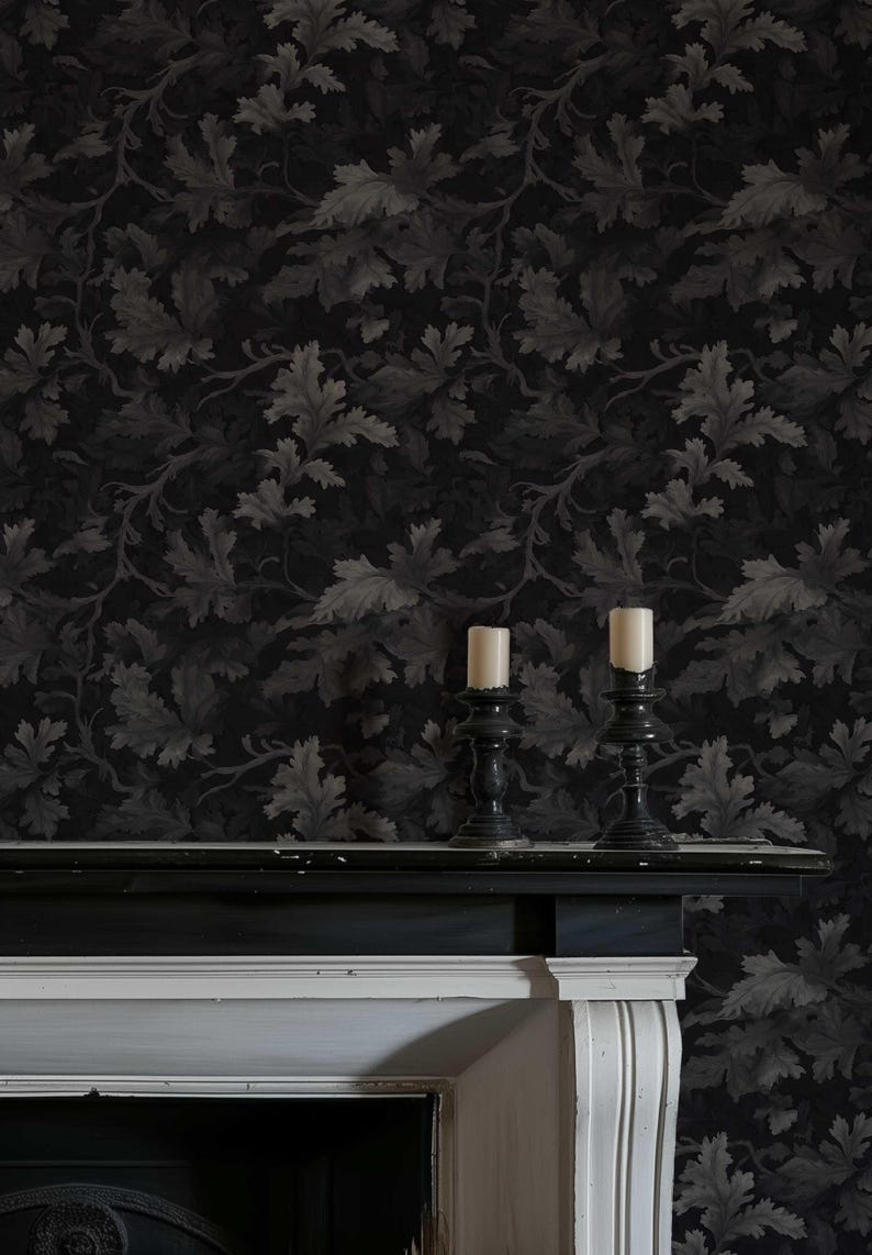Medieval Dark Wallpaper, Dark Botanical Peel and Stick Wallpaper, Moody Botanical Wallpaper Secret Garden at Night, Whimsical Wallpaper
