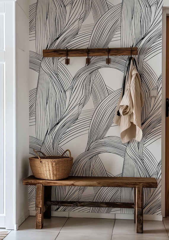 Modern Abstract Wallpaper Removable Black and White Peel Stick Wall Mural Monochrome Wall covering Geometric Line Wall Decor | PV015