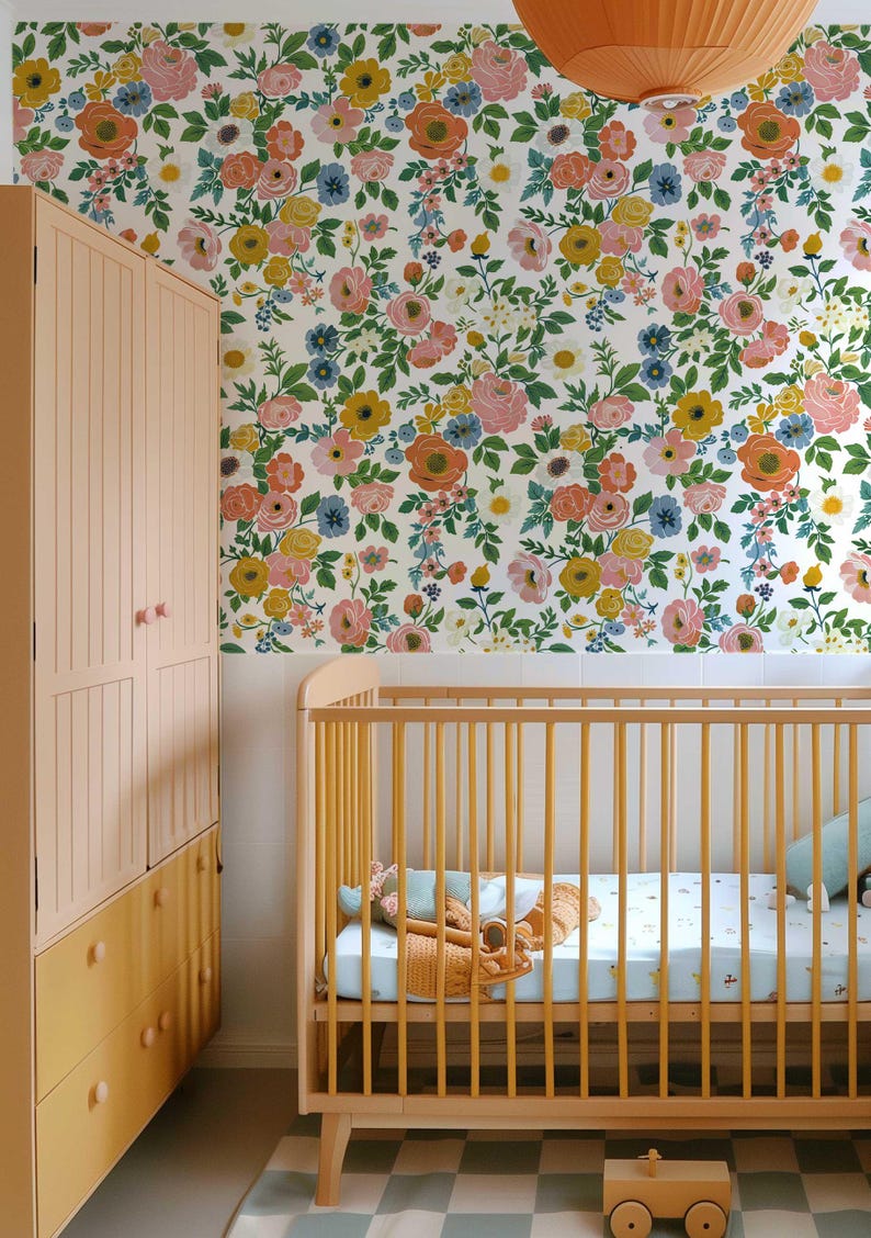 Lush and colorful wallpaper featuring blooming roses, perfect for adding a cheerful touch to your living room, bedroom, or nursery.