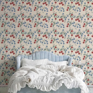 Colorful Wallpaper, Retro Cherry Wall Mural, Temporary Peel and Stick Wallpaper, Botanical Wallpaper, Floral Wallpaper, Fruit Mural