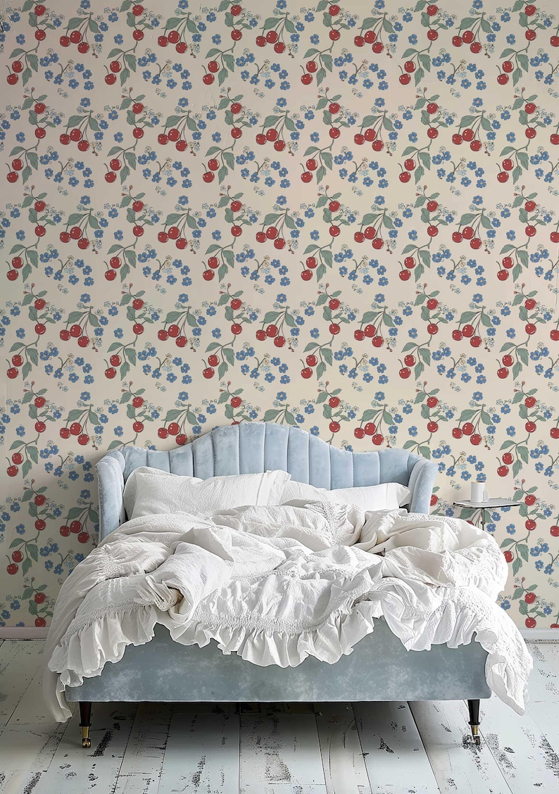 Colorful Wallpaper, Retro Cherry Wall Mural, Temporary Peel and Stick Wallpaper, Botanical Wallpaper, Floral Wallpaper, Fruit Mural