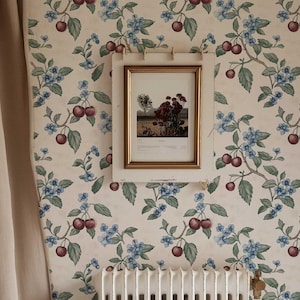 French country Cherry Blossom Wallpaper, Peel and Stick or Traditional, Botanical Fruit Wall Mural, Cottagecore Kitchen & Nursery Decor P427
