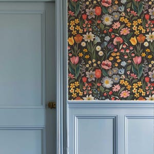 Dark Flower Peel and Stick Wallpaper, Moody Powder room Wall Mural, Modern Black Flower Wall Art, Removable Renters friendly Wallpaper for kids playroom
