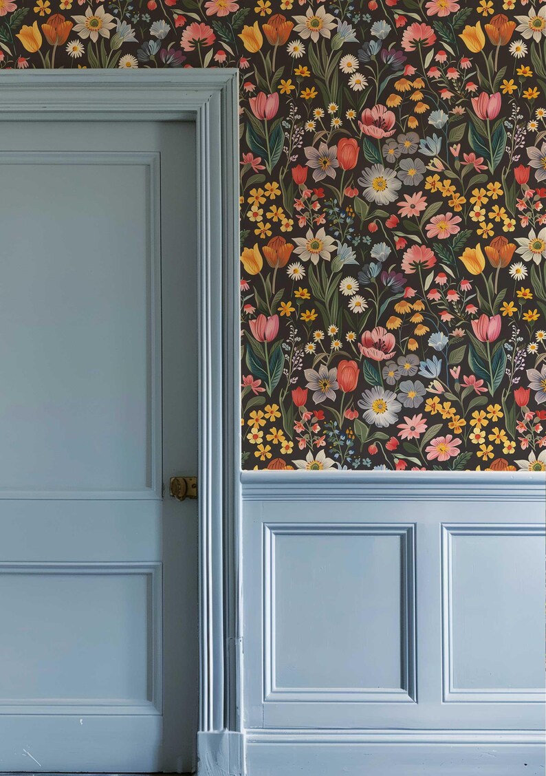 Dark Flower Peel and Stick Wallpaper, Moody Powder room Wall Mural, Modern Black Flower Wall Art, Removable Renters friendly Wallpaper for kids playroom