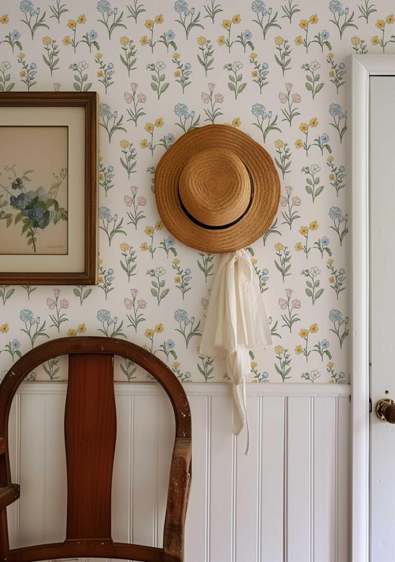 Storybook Nursery Wallpaper | Vintage Wildflower Peel and Stick Wallpaper | Cottage Garden Baby Room Decor pv440