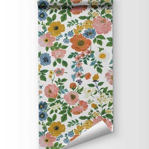 Stunning wallpaper design featuring a vibrant summer flower garden with blooming roses, available in peel and stick or traditional formats.