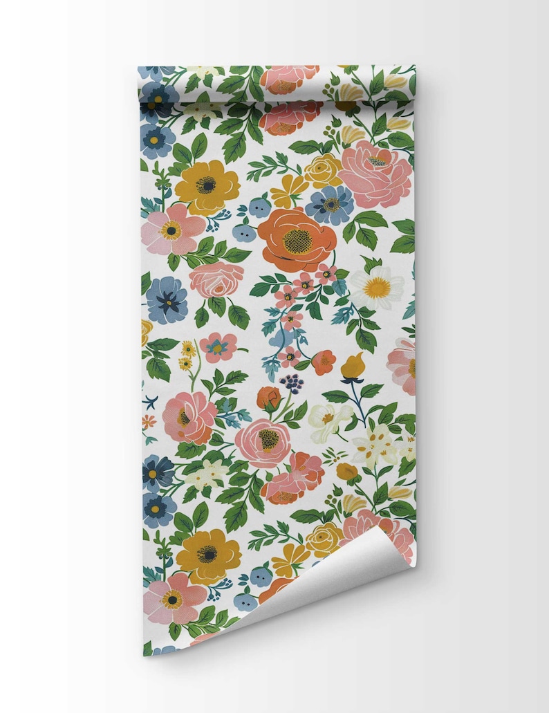 Stunning wallpaper design featuring a vibrant summer flower garden with blooming roses, available in peel and stick or traditional formats.