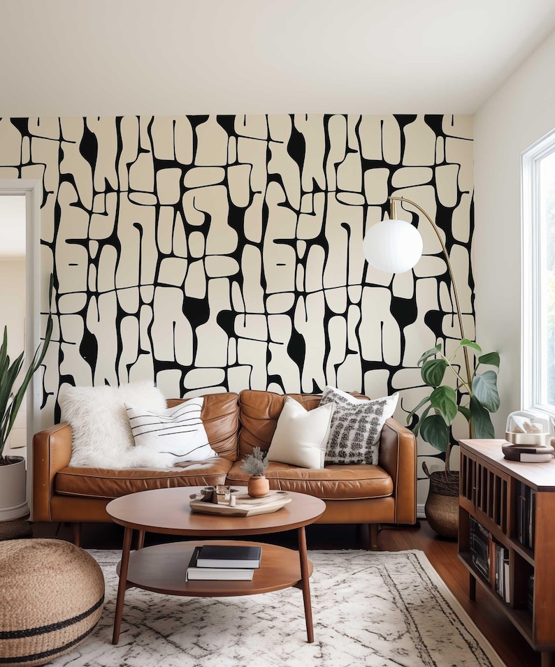 Black and White Peel and Stick Wallpaper, Abstract Line Wall Mural, Modern Monochrome Wall Art, Removable Renters Wallpaper