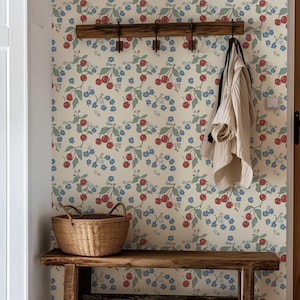 Colorful Wallpaper, Retro Cherry Wall Mural, Temporary Peel and Stick Wallpaper, Botanical Wallpaper, Floral Wallpaper, Fruit Mural