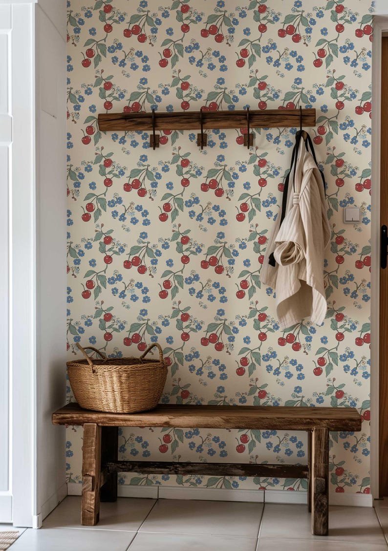 Colorful Wallpaper, Retro Cherry Wall Mural, Temporary Peel and Stick Wallpaper, Botanical Wallpaper, Floral Wallpaper, Fruit Mural