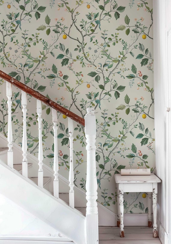 Japanese Wallpaper, Removable Floral Mural, Flower Peel and Stick Wallpaper, Neutral Flower and Fruit Wall covering, Nursery Wall Decor P152