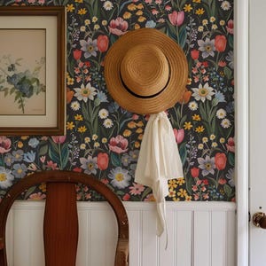 Dark Flower Peel and Stick Wallpaper, Moody Powder room Wall Mural, Modern Black Flower Wall Art, Removable Renters friendly Wallpaper for bedroom