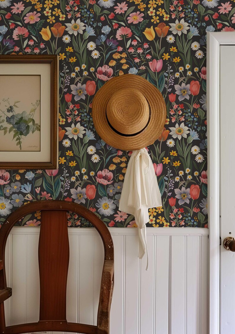 Dark Flower Peel and Stick Wallpaper, Moody Powder room Wall Mural, Modern Black Flower Wall Art, Removable Renters friendly Wallpaper for bedroom