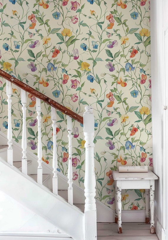 Sweet Pea Wallpaper Peel and Stick, English Garden Wallpaper, Cottage Floral Wallpaper, Vintage Botanical Wallpaper, Removable PV062