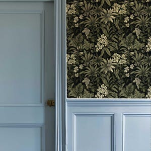 Dark Botanical Peel and Stick Wallpaper, Removable Moody Leaf Wall Mural, Green Gothic Wall Art, Removable Renters Wallpaper