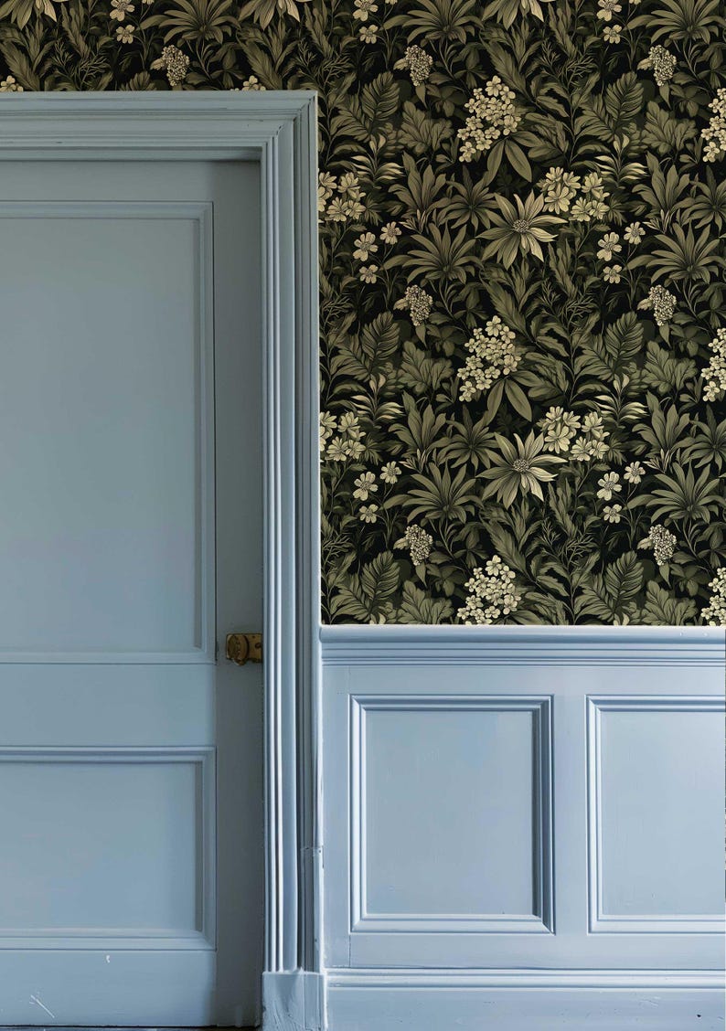 Dark Botanical Peel and Stick Wallpaper, Removable Moody Leaf Wall Mural, Green Gothic Wall Art, Removable Renters Wallpaper