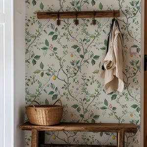 Japanese Wallpaper, Removable Floral Mural, Flower Peel and Stick Wallpaper, Neutral Flower and Fruit Wall covering, Nursery Wall Decor