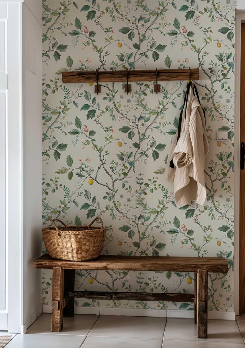 Japanese Wallpaper, Removable Floral Mural, Flower Peel and Stick Wallpaper, Neutral Flower and Fruit Wall covering, Nursery Wall Decor