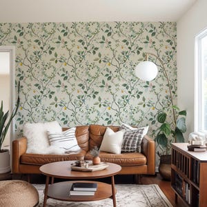 Japanese Wallpaper, Removable Floral Mural, Flower Peel and Stick Wallpaper, Neutral Flower and Fruit Wall covering, Nursery Wall Decor